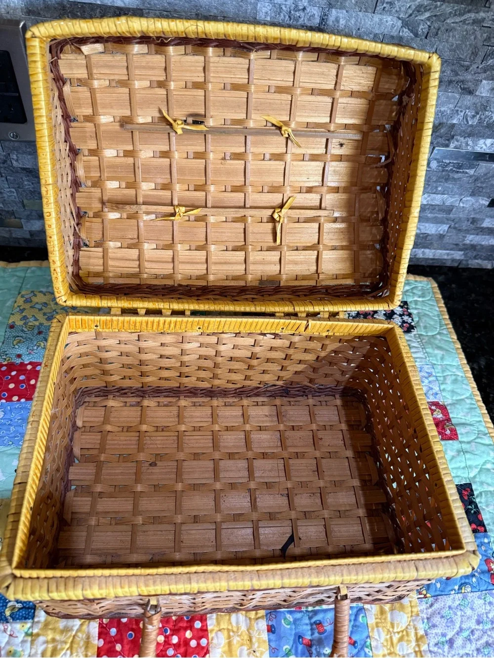 Vintage Small Woven Picnic Basket with Yellow Trim